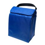 A blue cooler lunch bag with a flap closure and a sturdy black handle.