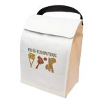 A white cooler lunch bag with a black handle and a logo featuring food icons on the front.