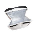 A white Sumo Cooler Lunch Bag interior with a silver insulated lining and black strap, featuring a logo.