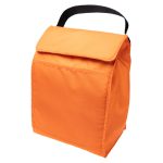 A vibrant orange cooler lunch bag with a flap closure and a black handle.