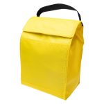 A yellow cooler lunch bag with a black handle and a flapped top.