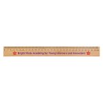 A bamboo 30cm ruler featuring a logo and red star accents. Wood finish with measurement markings in black.