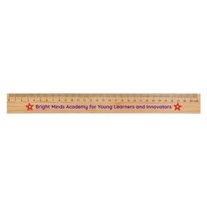 A bamboo 30cm ruler featuring a logo and red star accents. Wood finish with measurement markings in black.