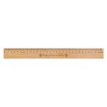 A bamboo 30cm ruler featuring engraved markings and a logo, in a natural wood colour.