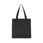 A cooler bag in black with two sturdy handles and a simple, minimalist design. It features a logo on the front.
