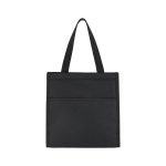 A black cooler bag with a simple design, featuring two front pockets and dual carrying handles.