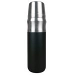 A drink bottle featuring a stainless steel top and a matte black body, equipped with a logo.