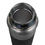 A drink bottle with a sleek stainless steel opening and a matte black exterior, designed for thermal insulation.