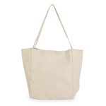 A roomy beige tote bag with long handles and a simple design. It features a logo on one side.