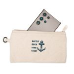 A canvas pouch with a zip closure, featuring the text "SAFELY DOCK YOUR TECH!" and an anchor design, holds a smartphone.