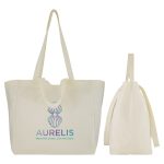 A spacious cream canvas bag with tote handles and a logo design on the front, shown from two angles.