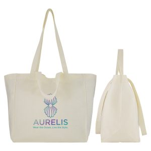 A spacious cream canvas bag with tote handles and a logo design on the front, shown from two angles.