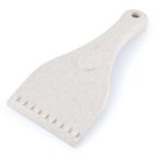 A light beige eco-friendly ice scraper with a textured grip and a hanging hole for easy storage.