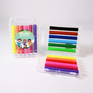 A clear storage case containing colorful felt tip pens in various shades, including black, green, purple, pink, and yellow.