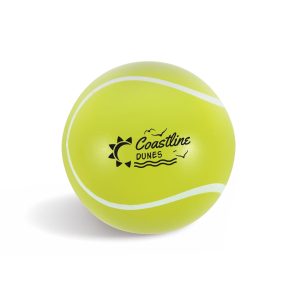 A bright yellow tennis ball with a logo, featuring classic white seam lines. Ideal for leisure and outdoor sports.