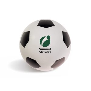 A white soccer ball with black pentagon panels and a logo featuring a green design.