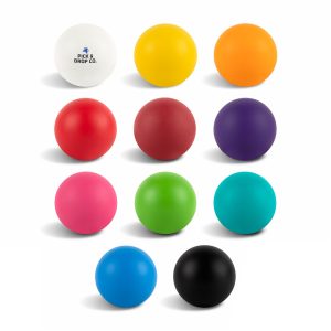 A collection of twelve vibrant balls in various colours, including red, blue, green, yellow, pink, and black, with a logo.