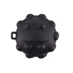 A black popper ball featuring rounded protrusions and a central button, designed for manipulation.
