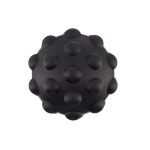 A black spherical toy featuring raised bumps on its surface, designed for tactile interaction. It has a branding logo.