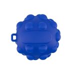 A blue rubber ball with a textured surface and a small loop, featuring rounded protrusions on its exterior.