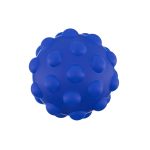 A blue textured ball featuring raised bumps, with a smooth surface and a logo on one side.