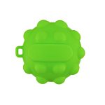 A green, round silicone popper ball with textured surface and a loop for attachment. Suitable for playful activities.