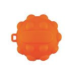 An orange silicone popper ball with raised circular features and a flat centre. It has a small loop on the side.
