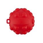 A red, round toy with a textured surface, featuring small raised bumps and a loop for attachment.