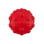 A red rubber ball with a textured surface, featuring raised bumps and a round shape. It has a logo on the side.