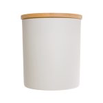 A medium-sized white glass candle with a wooden lid, featuring a sleek and modern design.
