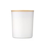 A large white glass candle with a bamboo lid. The design is simple and elegant, suitable for home décor.