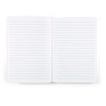 A bamboo notebook with blank, lined pages. The notebook is open, displaying two pages of horizontal lines for writing.