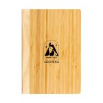 A bamboo notebook featuring a wooden cover and a logo on the front. It's sleek and eco-friendly in design.