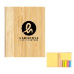 A bamboo cover sticky notes pad featuring yellow and pastel-colored sticky notes, with a logo on the front.