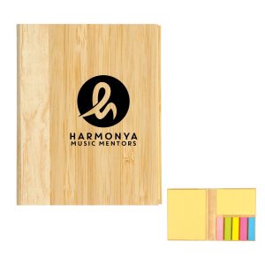 A bamboo cover sticky notes pad featuring yellow and pastel-colored sticky notes, with a logo on the front.