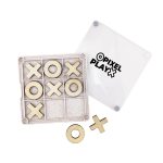 A Noughts & Crosses coaster set with a transparent case, featuring wooden X and O pieces in a grid layout.