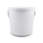 A white plastic bucket with a lid and two handles for easy carrying.