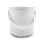 A white plastic bucket with a handle, designed for various storage and transport purposes.