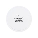 A round, white game disc with a playful design and a logo.