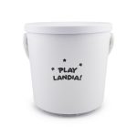 A white bucket with two handles and a logo featuring the text "Play Landia!" and stars.