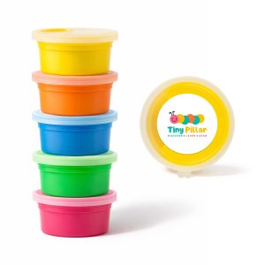 Colourful putty containers stacked in a row, with a branded yellow container on the side.