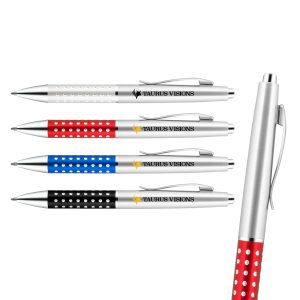 A selection of metal pens in white, red, blue, black, and silver with a dotted design and a logo.