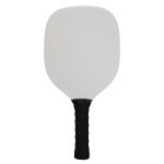 A pickleball paddle with a solid white surface and a textured black handle.