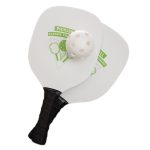 A pickleball set featuring two paddles with a white and green design and a perforated ball.