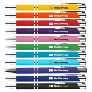 A collection of metal pens in various vibrant colors, each featuring the branding "MobiCurrency" and a sleek design.
