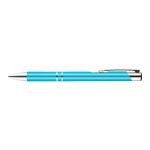 A metal pen in a vibrant turquoise color with silver accents.