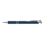 A metal pen in a sleek navy blue finish with silver accents and a streamlined design.