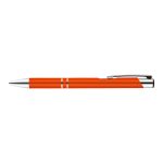 An orange metal pen with silver accents and a sleek design.