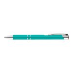 A metal pen in a vibrant turquoise color with silver accents.