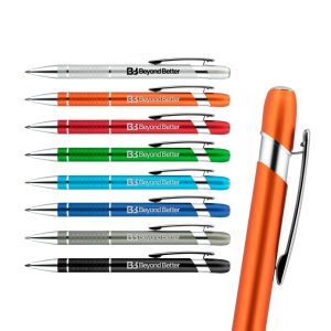 A collection of metal pens in various colours, including orange, blue, green, red, silver, and black, with branding.